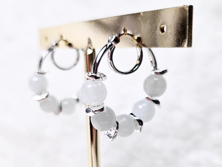 White Myanmar Jadeite Bead Hoop Earrings