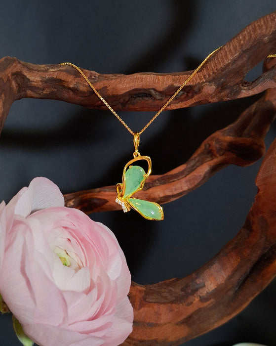 Evelina Jadeite Teardrops Butterfly Pendant - S925 Gold