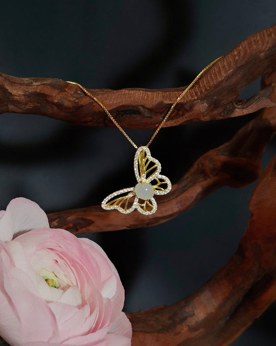 Estelle Butterfly Cabochon Jadeite Pendant - S925 Gold