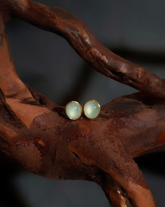 18K Yellow Gold Icy Bluish Green Oval Cabochon Studs