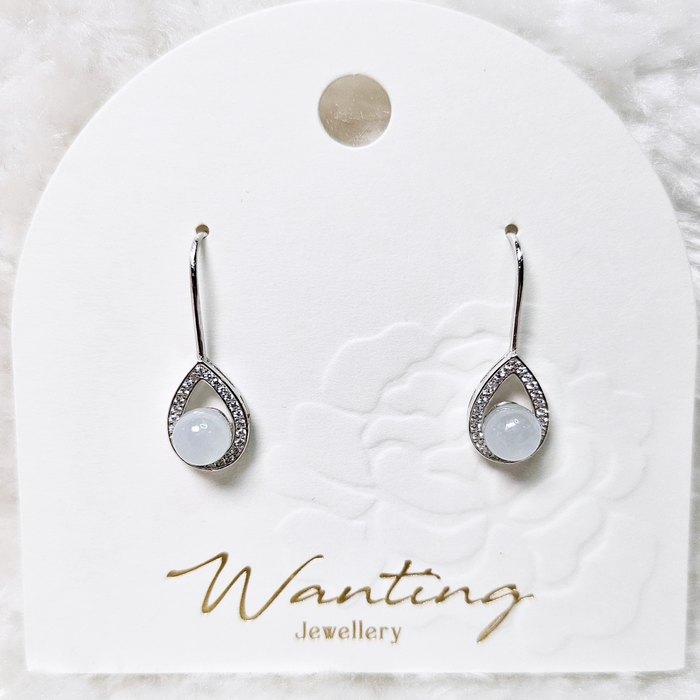 White Myanmar Jadeite Bead in Tear Drop Earrings
