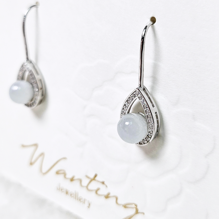 White Myanmar Jadeite Bead in Tear Drop Earrings