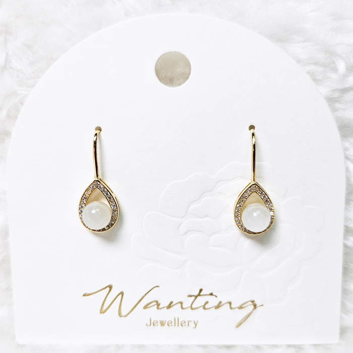 White Myanmar Jadeite Bead in Tear Drop Earrings