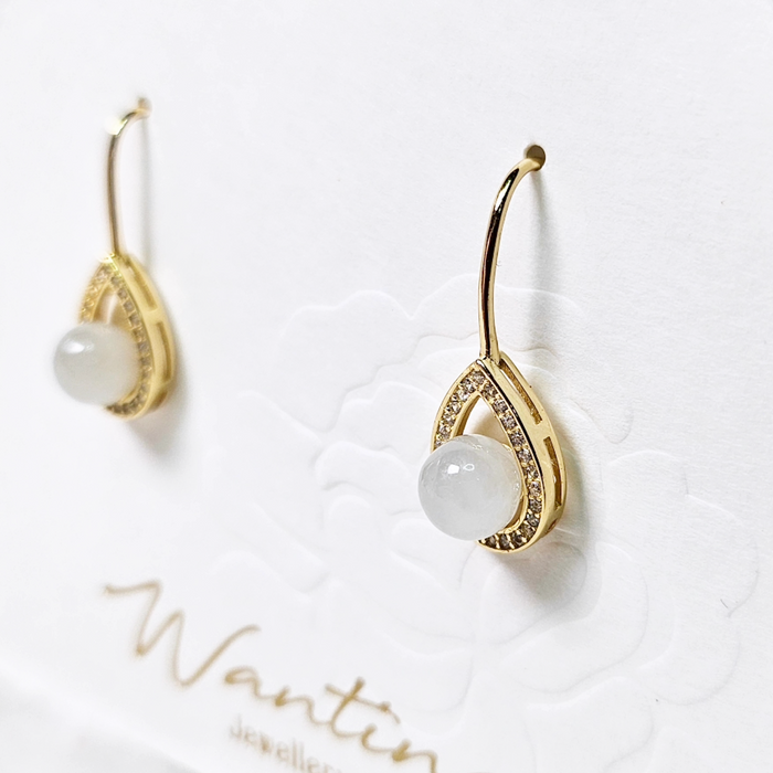 White Myanmar Jadeite Bead in Tear Drop Earrings