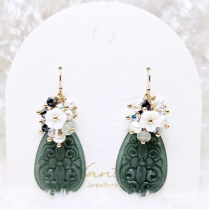 Guatemala Green Teardrop Carved Jadeite Earrings