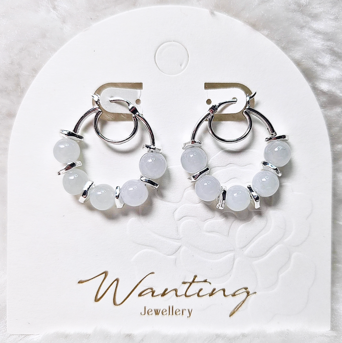 White Myanmar Jadeite Bead Hoop Earrings