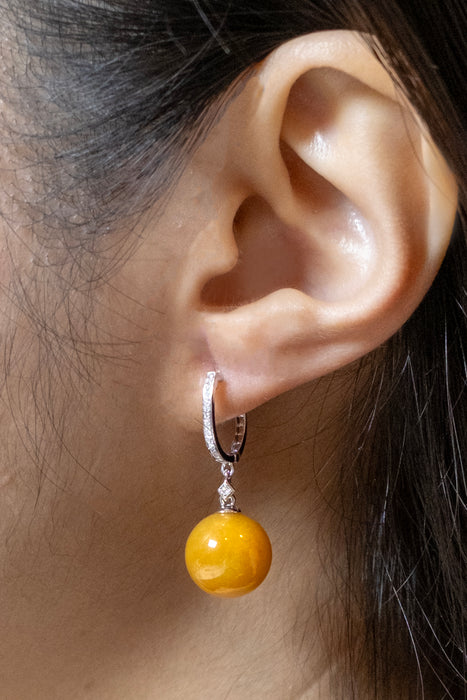 14K Yellow Bead Huggies with Diamonds