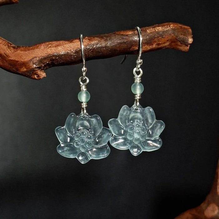 Icy Blue Water Lotus Flower Earrings