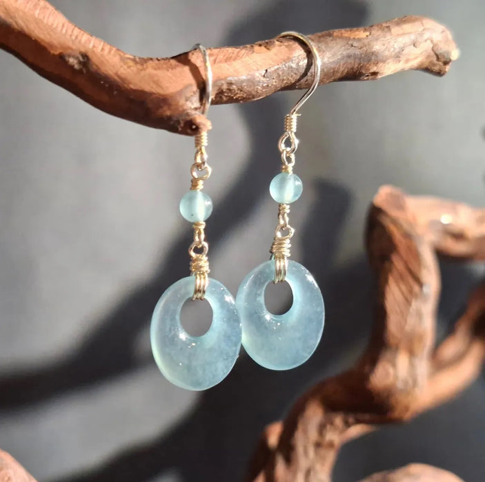 Blue Water Oval Jadeite Donut (Princess Donut) Dangle Earrings