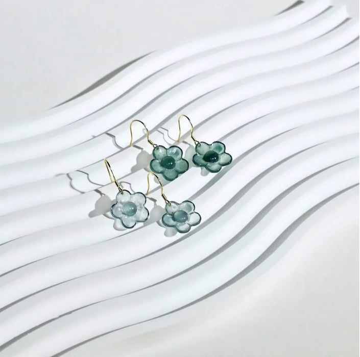 Blue Water and Green Jadeite Flowers Earrings
