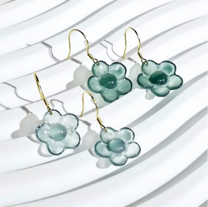 Blue Water and Green Jadeite Flowers Earrings