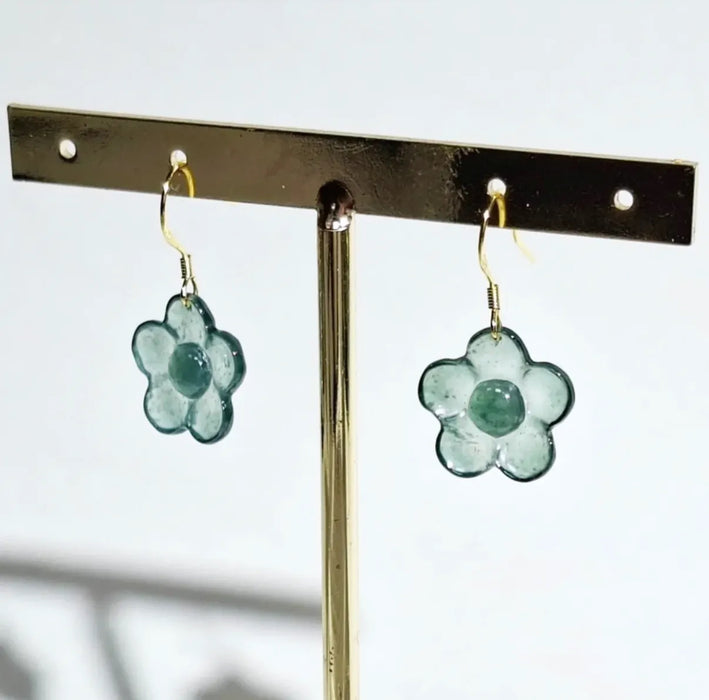 Blue Water and Green Jadeite Flowers Earrings